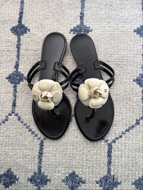 CHANEL Black Jelly Sandal with Cream Camellia Accent